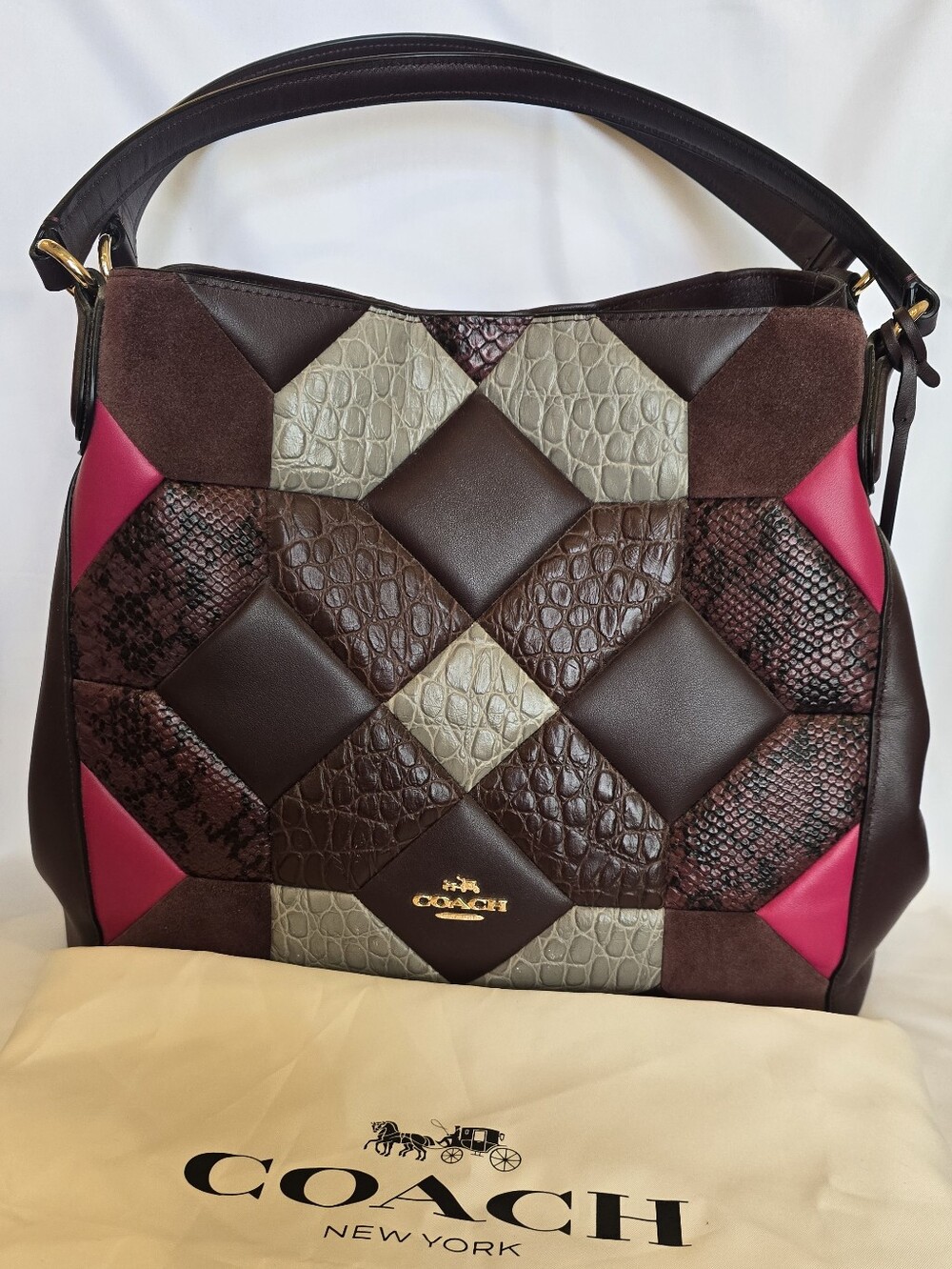 Coach Patchwork Leather & Snakeskin Shoulder Bag in Brown, Gray & Pink